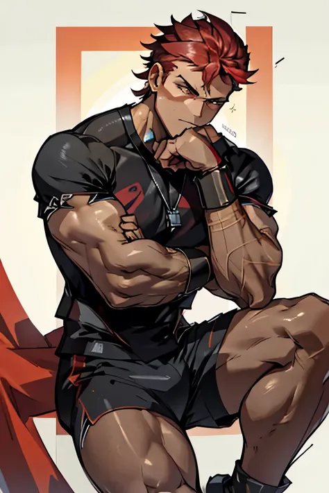 diamant is sitting and flexing his biceps. he wears a black tshirt with short sleeves and black boxershorts. he looks stoic and ...