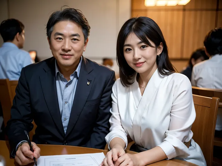 two japanese male business people are sitting at the back and front facing each other across the table, realistic, realistic, re...