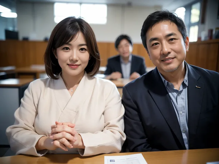 two japanese male business people are sitting at the back and front facing each other across the table, realistic, realistic, re...