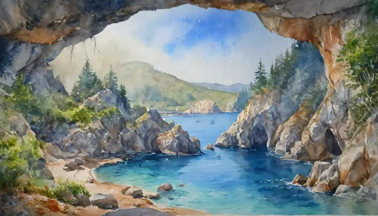 watercolor landscape, blue sea visible from inside the cave, (masterpiece), (best quality), (ultra high detailes)