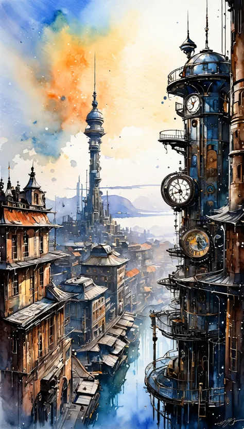 best quality, super fine, 16k, delicate and dynamic, superb watercolor landscape painting, with cyberpunk dieselpunk clockpunk steampunk cities towering on all four sides of the kaleidoscope, new and old, learning from the past, (magnificent view:1.5) , (w...