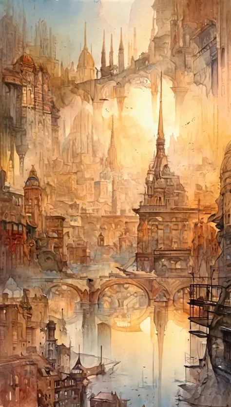 best quality, super fine, 16k, delicate and dynamic, superb watercolor landscape painting, with cyberpunk dieselpunk clockpunk steampunk cities towering on all four sides of the kaleidoscope, new and old, learning from the past, (magnificent view:1.5) , (w...