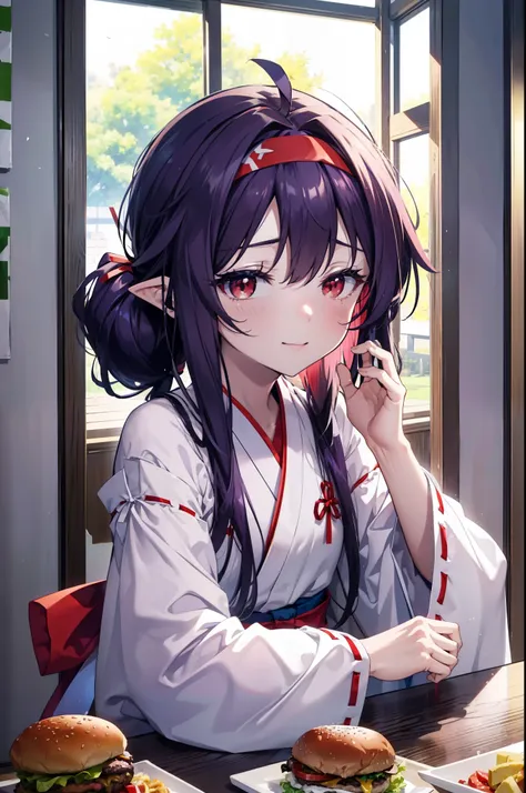 yuukikonno, Konno Yuuki, hair band, Long Hair, Pointed Ears, Purple Hair, (Red eyes:1.5), (Small breasts:1.2), Open your mouth,appy smile, smile, Shut your mouth.,
Bellflower,Shrine maiden,white kimono, Red too,kimono, Same as skirt, Wide sleeves, Long sle...