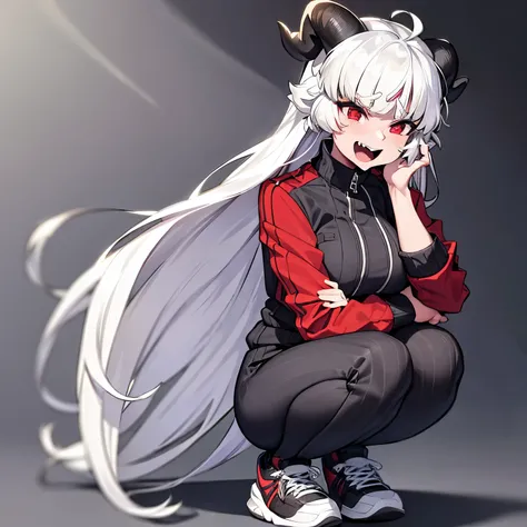 malina(helltaker), large breasts, pants, teeth, black horns, white hair, grey background, black footwear, jacket, short hair, sq...