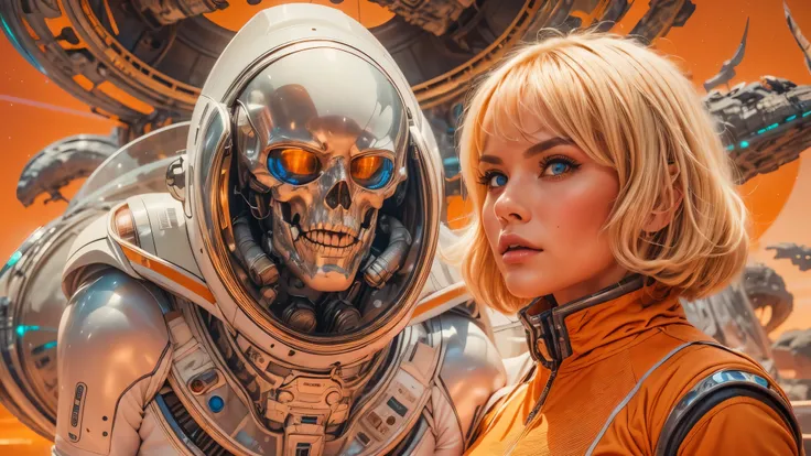 arafed image of a white woman in a futuristic suit with a spaceship in the background, movie art, in front of an orange background, inspired by Robert McGinnis, female protagonist, megastructure in the background, portrait of an ai astronaut, astronauts, a...