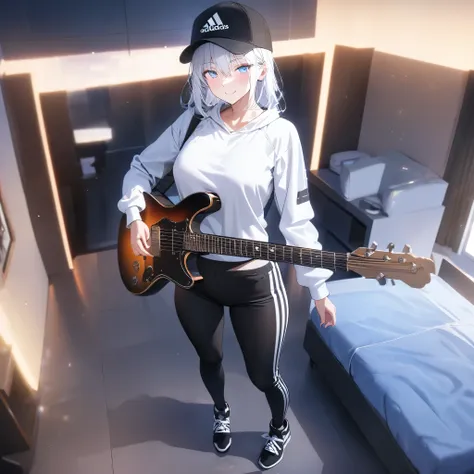 a woman wearing a white sweatshirt, black adidas pants, sports boots, ice white hair, ice blue eyes, smiling, holding an electri...