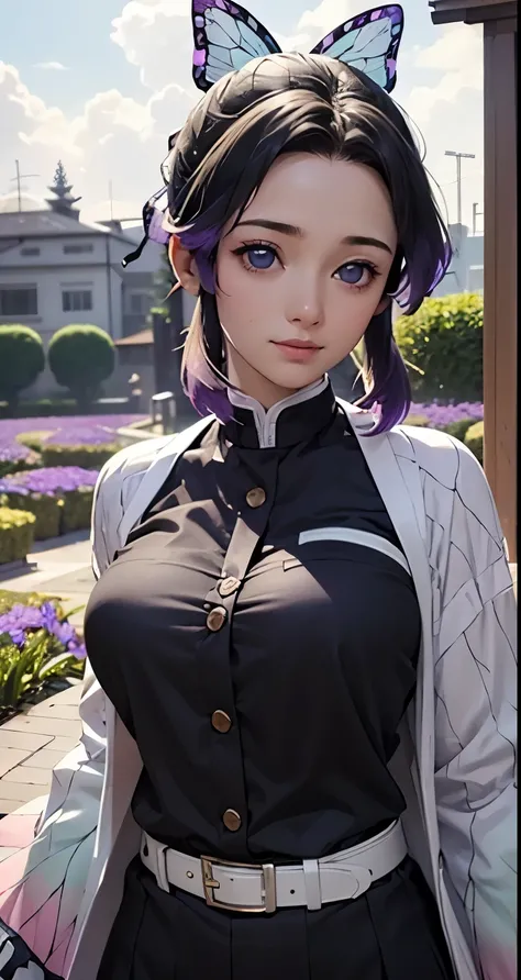 Ultra-realistic 8K CG,masterpiece,((Highly detailed background, Delicate pattern, Intricate details)),highest quality,very detailed face,Very beautiful eyes and face,Very beautiful eyes,Kocho Shinobu,Colorful Hair,No bangs,Hair intake,Purple eyes,amount,Bl...