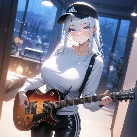 A woman wearing a white sweatshirt, black adidas pants, sports boots, ice white hair, ice blue eyes, smiling, holding an electric guitar, wearing a black cap, in a room of a modern house, standing.big breast, illuminated place.,bokeh effect, atmospheric pe...