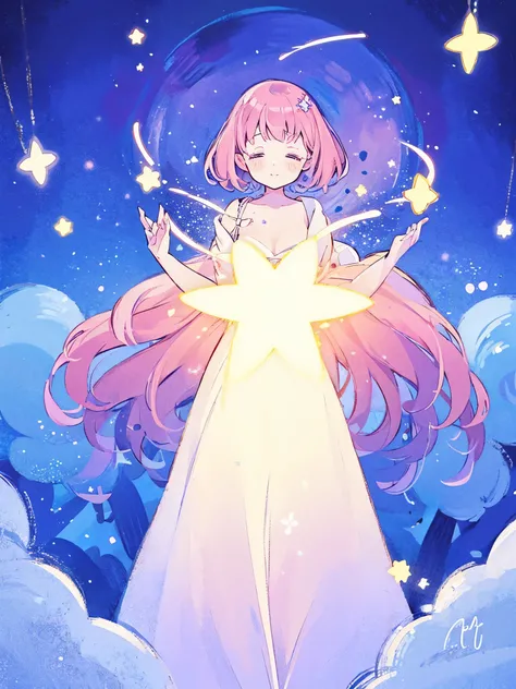 complex background, wishing star background, a woman wearing an ethereal mystical pink translucent dress that reflects the stars, perfume promo art, mystic, complex drawing, highly detailed, Covergirl brand, promo art, artistic rendition, ethereal, starry ...