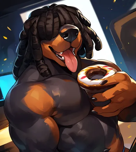 Solo, male (((Rottweiler, muscular, brown fur, black body, black hair, brown snout, brown tipped hair, dreadlocks over eyes, dreadlocks, hair over eyes, white thong, huge bulge))) standing, panting, tongue out, holding donut, powdered donut, detailed donut...