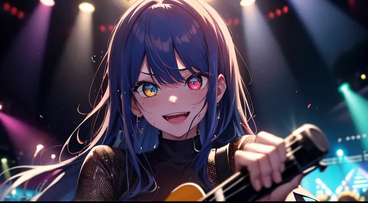 heterochromia、red eyes,yellow eyes、Idol singer singing with live music、Singing while sweating alone、Have fun with a smile、Hair color is blue hair、Proud Idol、slim figure、The background is the stage