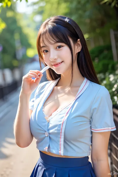 A 20-year-old woman with a cute idol-like face.。Gentle and cute。Please smile kindly。Her job is a nurse、Nurse uniform　Cleavage　mini skirt　Holding a syringe in hand　Holding a syringe in hand　RAW Photos　Genuine　Real Stick Photo　Natural light　Ultra-high resolu...