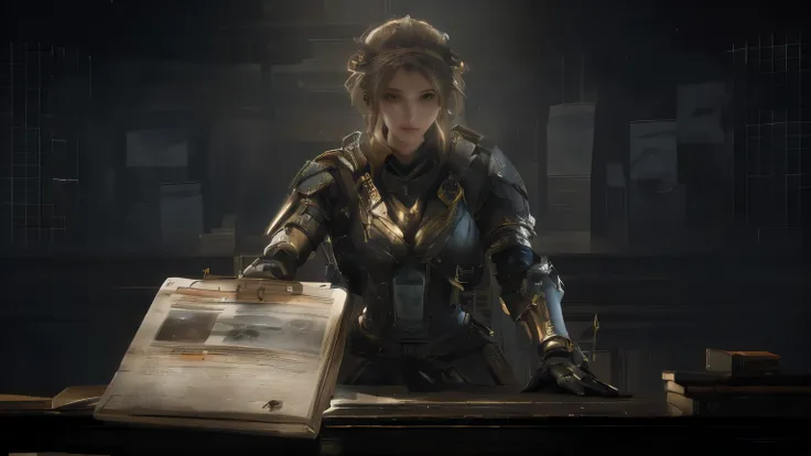 there is a woman sitting at a desk with a book, female character, epic exquisite character art, senior concept artist, stunning character art, female lead character, detailed character portrait, portrait knight female, mechanized valkyrie girl, by senior c...