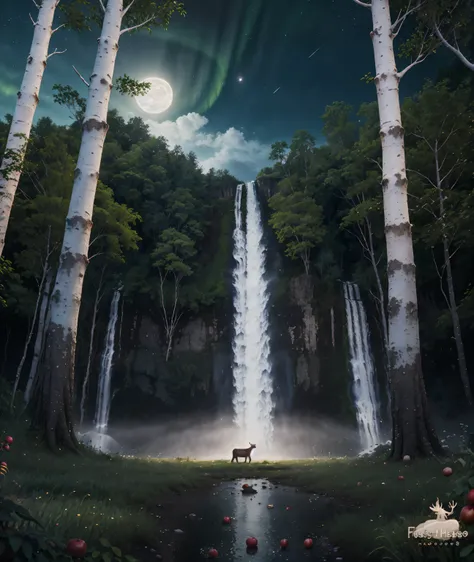 masterpiece, best quality, high quality, cg, 8k, scenery, night, sky, clouds, no man ,lush forest, beautiful waterfall, rainbow, fantasy image, firefly, moonlight, aurora, tree, black snake on tree, apple herd, moose, albino deer, white rabbit,