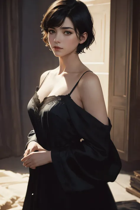 (Sargent-style watercolor)、(highest quality、masterpiece)、(Realistic:1.5), RAW Photos, 1 girl, Off the shoulder,Cat ear、 In the Dark, Deep Shadow, secret key, Cold Light, Sexy Looks, short hair