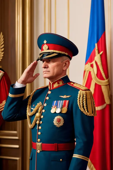 Soviet General, during a grand ceremony, (Gravitas), (Dignified), (Firm jawline), (Medal of Honor pinned to his chest), (Russian uniform:1.2), (Golden epaulets glinting), (Military decorations adorning his chest), ((Proud eyes:1.2)), ((Determined gaze:1.2)...