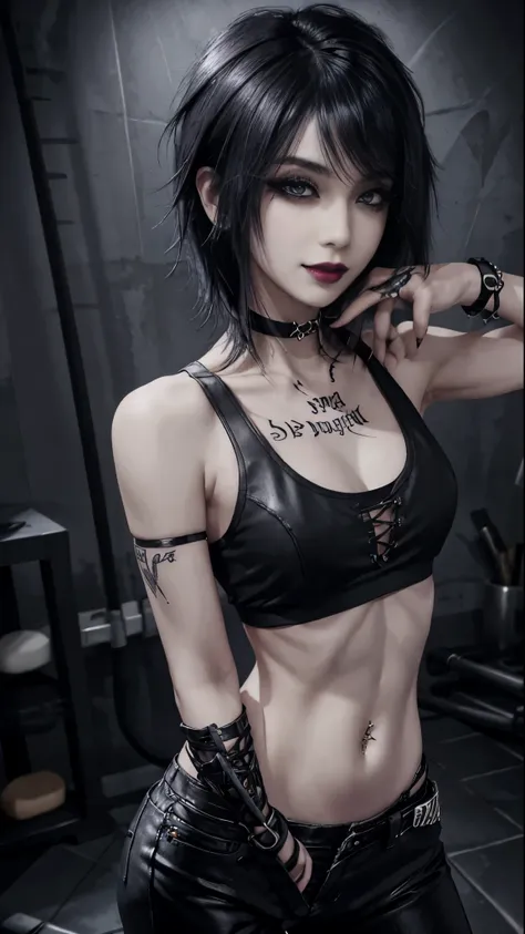 1girl, woman, emo_hairstyle, black lipstick, smug, grin, choker, cuffs, eyeliner, eye shadow, mascara, smoky eyes, realistic lighting, tank top, leather pants, flat chest, satanic tattoo.