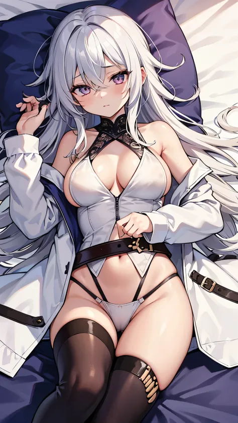 high quality, masterpiece, messy hair, glowing eyes, bare shoulders, medium breasts, cleavage, (sideboob:1.1), (collarbone:0.9), (front slit:1.2), armpit, lying on bed, cold morning sunlight, sharp focus, (intricate:1.1), (anime coloring:1.1), illustration...