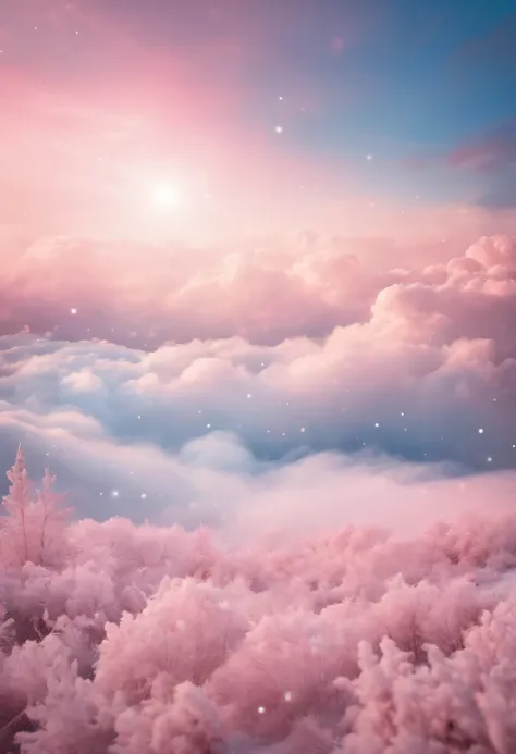 background in pastel pink and blue tones, with defined clouds and snowflakes