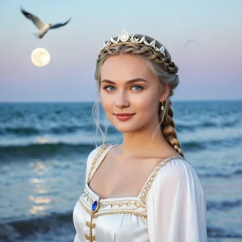 there is one girl coming out of the sea, the swan princess from russian mythology, a beautiful calm face, blue eyes, blond long ...