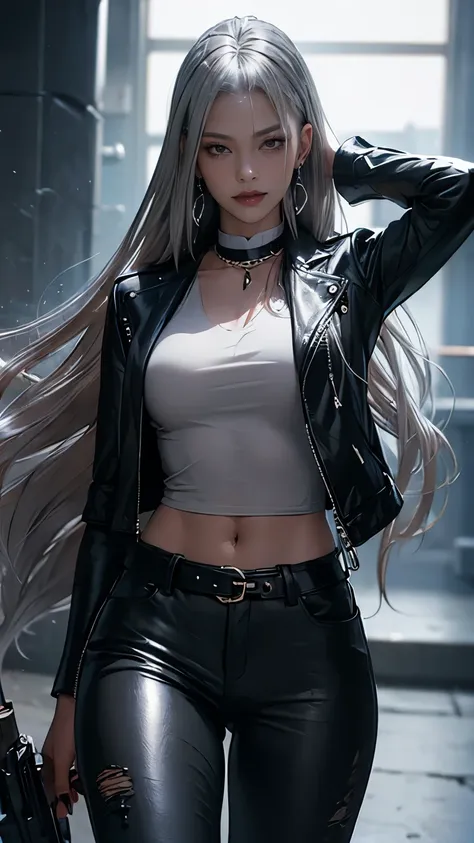 (long silver hair:1.5),beautiful 25 year old indian female vampire mercenary, brown skin, (wearing a blue leather jacket and tig...