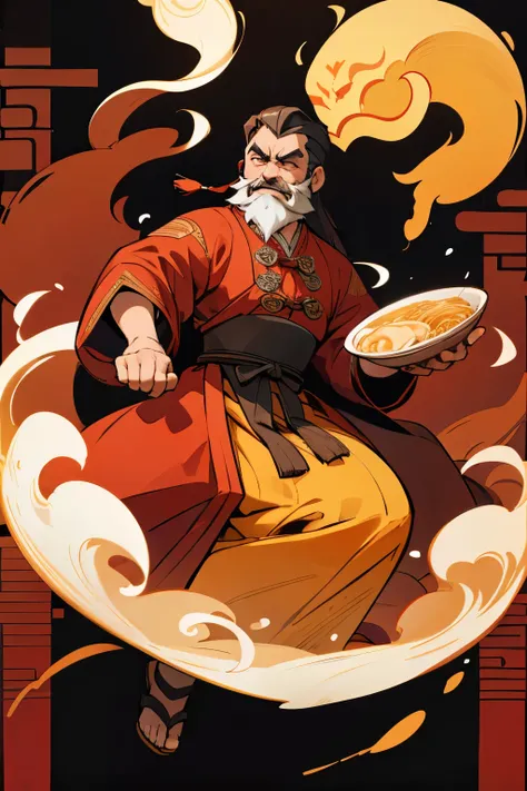 A middle-aged man，With beard and long hair，Wearing traditional Chinese clothing，Holding a big bowl of noodles，Full body HD picture，Hand gesture six