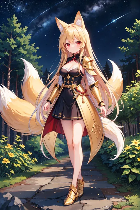 (masterpiece)、(highest quality)、((Very detailed))、(Very delicate)、cute、Blonde、Beautiful breasts、Nice、Fantastic forest and starry sky、Golden foxtail、Golden fox ears、Red eyes、one person、Long Hair、(Full body portrait),(Are standing:1.3)、Absolute area、cute arm...