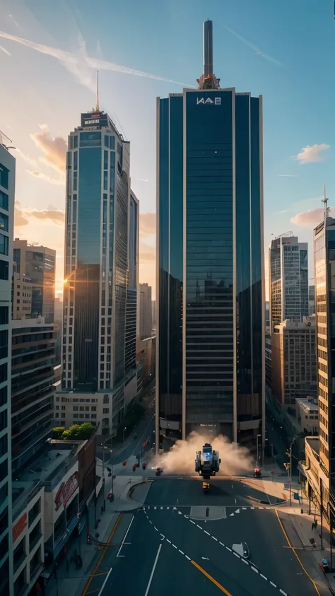 A scenery with 100 story buildings everywhere and sunset is being done and cars are flying in air and the robots handling machine guns on top of buildings