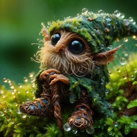 a cute diminutive moss covered dewy male male wizard, wrinkled old looking skin, close up in a dewy rain forest, intricate wizar...