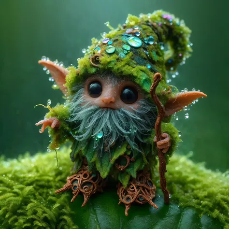 A cute diminutive moss covered dewy male male wizard, wrinkled old looking skin, close up in a dewy rain forest, intricate wizarding costume cragged materials, In a tilt-shift, macro-photographed scene with a shallow depth of field, a tiny, iridescent myst...