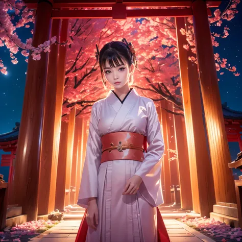 (最高masterpiece,highest quality,masterpiece,Highest Resolution:1.2)、Japan、(One girl,Japanの巫女,White and red outfit,Ogosoka,expression,Iris,Look ahead,Black Hair,Walk slowly,Half Body)、(Night maze sky,Huge old tree behind,Mikamiki,Shiny pink petals fall behin...