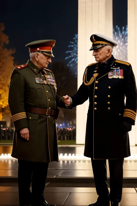 Thirty years after World War II, an Old Soviet General clad in a military overcoat, his face etched with the weight of history, and a German Veteran, wearing a neatly-pressed suit, stand side by side in front of the Polish World War II Memorial, symbolizin...