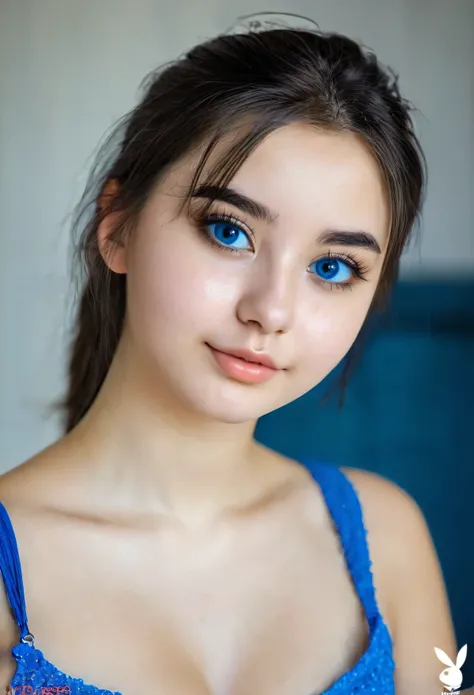 a beautiful 18 year old girl with round face, black eyes wearing blue sareever