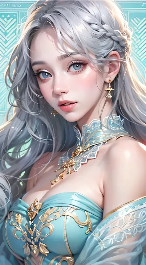 ((best quality)), ((masterpiece)), (get used to it), Perfect face , masterpiece、best quality、high resolution、High-quality images、8K, 1 female、Radiant skin、Skin and clothing textures、Delicate eyes and expressions、Shiny silver hair,girl with long braids, Com...