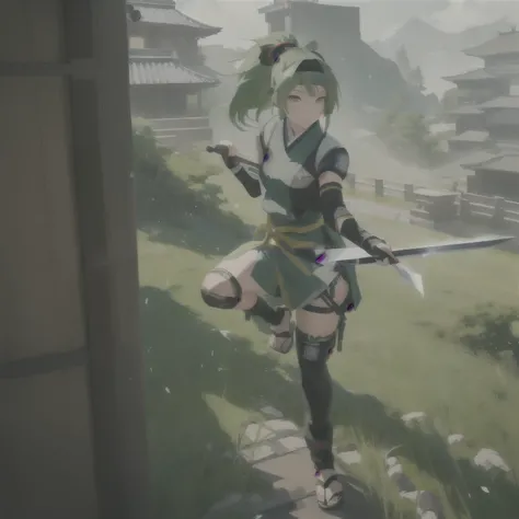 kiriko from overwatch, young shinobi girl, short ponytail hair, jade green hair, naruto konoha headband, full body, naruto outfit, holding knife day field