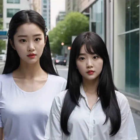 arafed woman with long black hair and a white shirt, she has a distant expression, iu lee ji-eun as a super villain, but a stern...