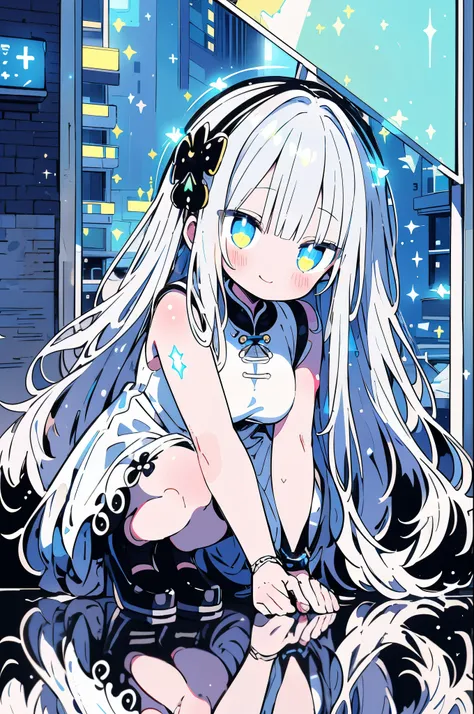 highres, highest quallity, illustration, ultra detailed, (detailed face), (detailed eyes), (glow:1.2),((glow reflection hair:1.5)),(shiny white color hair),(Sparkling lighting:1.2), best quality, hyper detailed, masterpiece, 1girl, solo, smile,long hair,as...