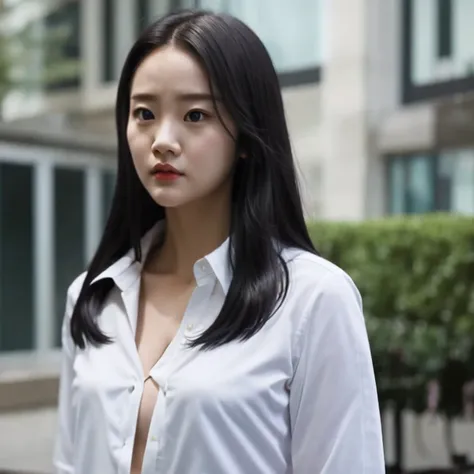 arafed woman with long black hair and a white shirt, she has a distant expression, iu lee ji-eun as a super villain, but a stern...