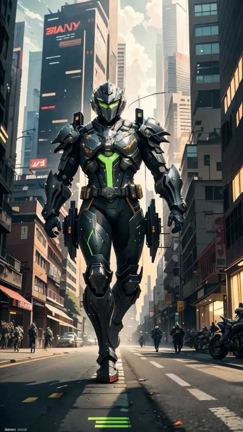 a man wearing a full-face helmet, a fantasy-style biotech armored combat suit, green eyes, (a composite layered chest armor), fu...