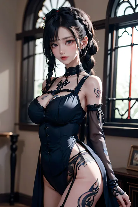 Beautiful Gothic Lolita Girl, Silky black hair in braids, blue eyes, Thin lips, Round face, Small and flat chest, 18 year old lolita, Relax in gothic style clothing，(((He has many tattoos all over his body)), (((Tight waist))), ((Big Breasts)),((See-throug...