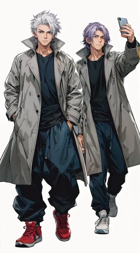 In this captivating anime-style illustration, two characters are depicted in a clean and simple art style, both wearing long coats. The first character is an adult male with striking white hair and vibrant red shoes, showcasing a laid-back posture in baggy...