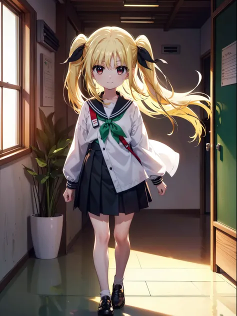Face Testarossa, Build a Testarossa, Long Hair, Blonde Hair, (Red eyes:1.3),  Hair Ribbon,
happy smile, smile, Open your mouth,Japan High School Girl(Green sailor suit),Green pleated skirt,Brown loafers,Walking,So that the whole body goes into the illustra...