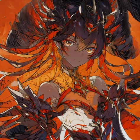 Xinyan with hell armor, Demon Queen, dark skin, yellow eyes 