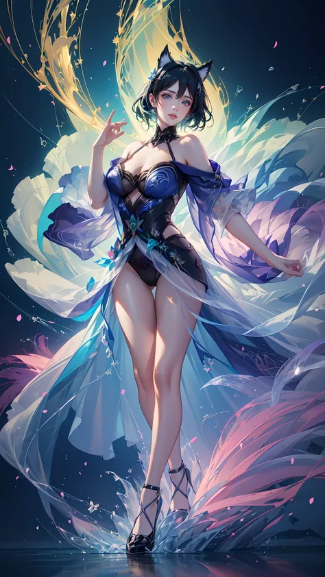 (((FULL BODY POSE))) (((SHOW PANTIES))) (((BIG GIANT BOOBS))) ((ANATOMY CORRECTED)) ((GREEN LUXURY ARISTOCRATIC NOBLE COSTUME)) | A WOMEN WEAR ((SEXY OUTFIT)) ((GREEN SHORT HAIR WITH CAT EAR STYLE)) FLOATING IN THE ((BLUE SKY BACKGROUND)) ((FLOWER PETALS F...