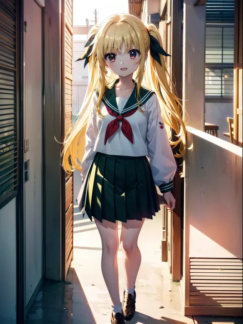 Face Testarossa, Build a Testarossa, Long Hair, Blonde Hair, (Red eyes:1.3),  Hair Ribbon,
happy smile, smile, Open your mouth,Japan High School Girl(Green sailor suit),Green pleated skirt,Brown loafers,Walking,So that the whole body goes into the illustra...