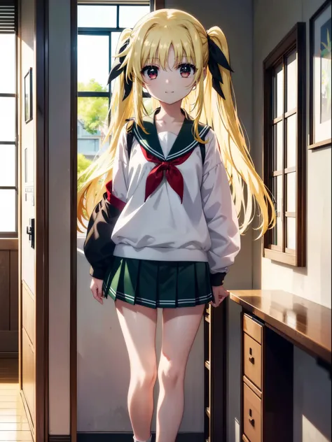 Face Testarossa, Build a Testarossa, Long Hair, Blonde Hair, (Red eyes:1.3),  Hair Ribbon,
happy smile, smile, Open your mouth,Japan High School Girl(Green sailor suit),Green pleated skirt,Brown loafers,Walking,So that the whole body goes into the illustra...