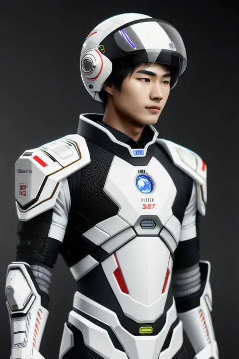 A 20-year-old man with a coffee complexion and Chinese hair wearing a white cybernetic machine suit and a white pilot helmet with black stripes that spills over the suit, 8k image resolution 3D qualities well detailed