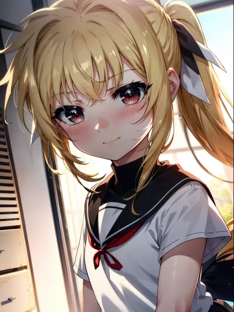 Face Testarossa, Build a Testarossa, Long Hair, Blonde Hair, (Red eyes:1.3),  Hair Ribbon,ponytail,blush,
happy smile, smile, Open your mouth,Japan High School Girl(Black sailor suit),Short sleeve,Black pleated skirt,White pantyhose,Brown loafers,Walking,S...
