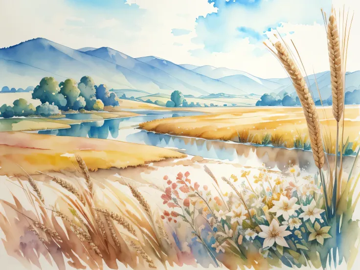 realistic watercolor texture, tranquil landscape, watercolor flowers, watercolor wheat, peace in world, I wish for peace,