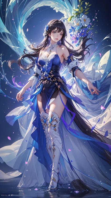 (((FULL BODY POSE))) (((SHOW PANTIES))) (((BIG GIANT BOOBS))) (((WHITE LONG HAIR))) ((GOOD FINGER, ANATOMY CORRECTED)) (((WHITE BLUE LUXURY ARISTOCRATIC NOBLE COSTUME WITH FLOWER BROCHS))) | A WOMEN WEAR ((SEXY OUTFIT)) FLOATING IN THE WATER ((BLUE SKY BAC...